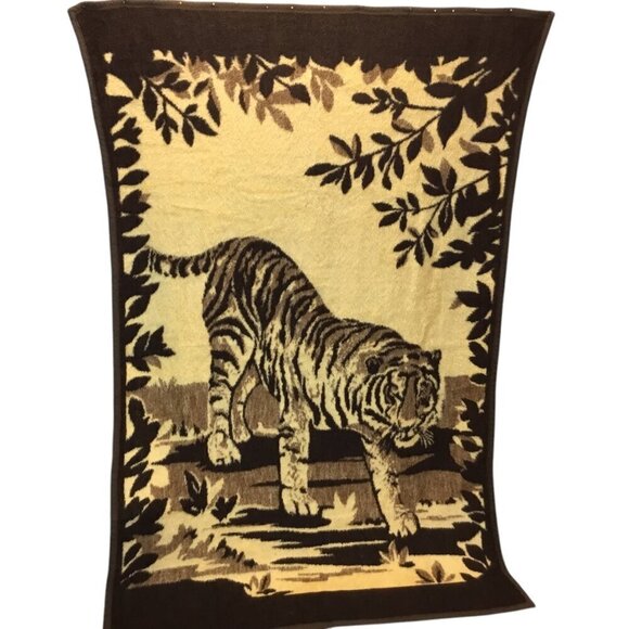 Vtg Homemaker Industries Safari Tiger Reversible Blanket Plush Throw Germany - Picture 2 of 13